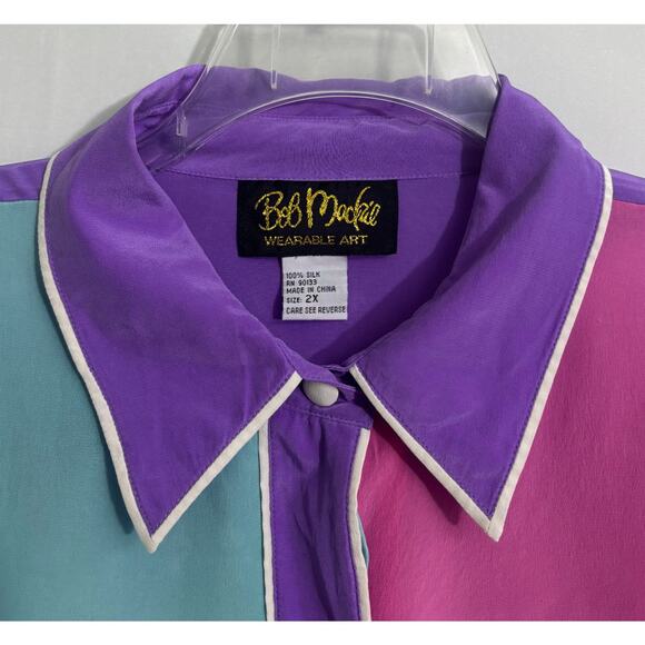 Bob Mackie Wearable Art VTG 100% Silk Color  Block Button Down Shirt Blouse 2X - Picture 3 of 9